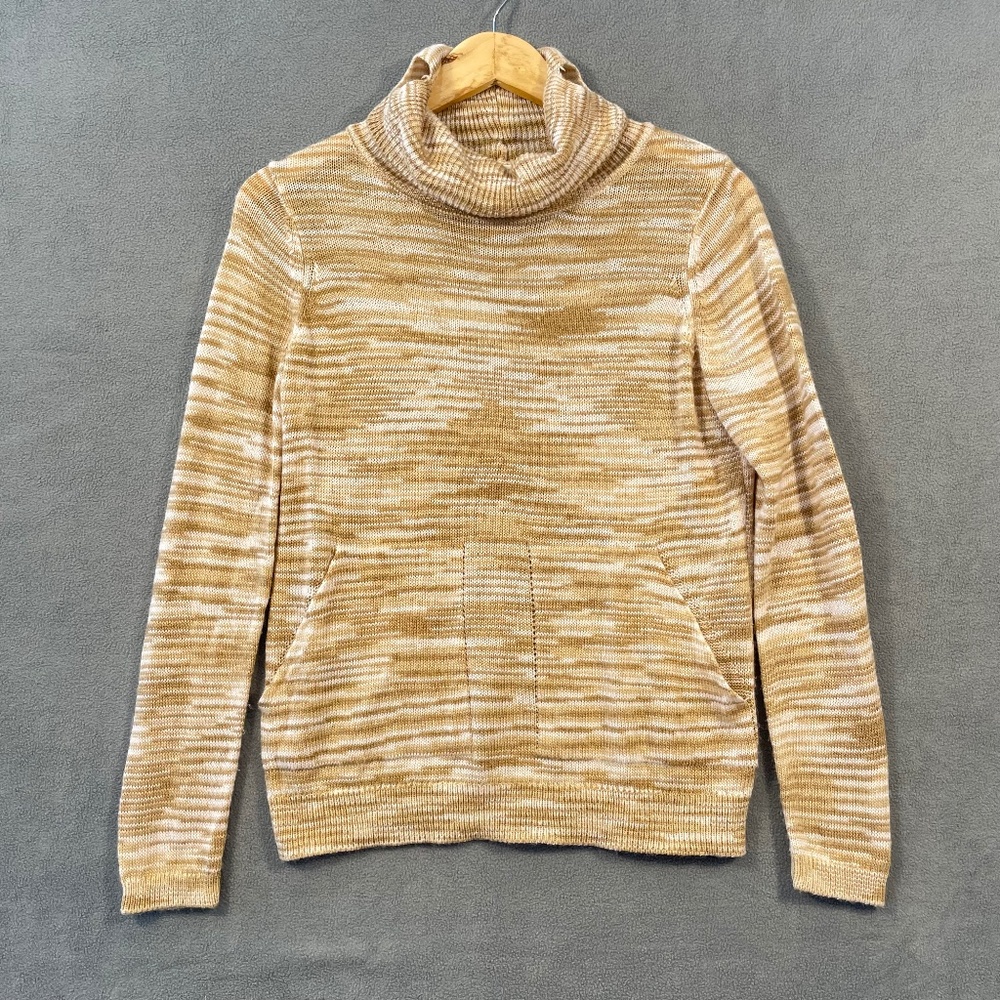 OVLA Women’s Small Petite Tan White Relaxed Turtleneck Front Pocket Sweater